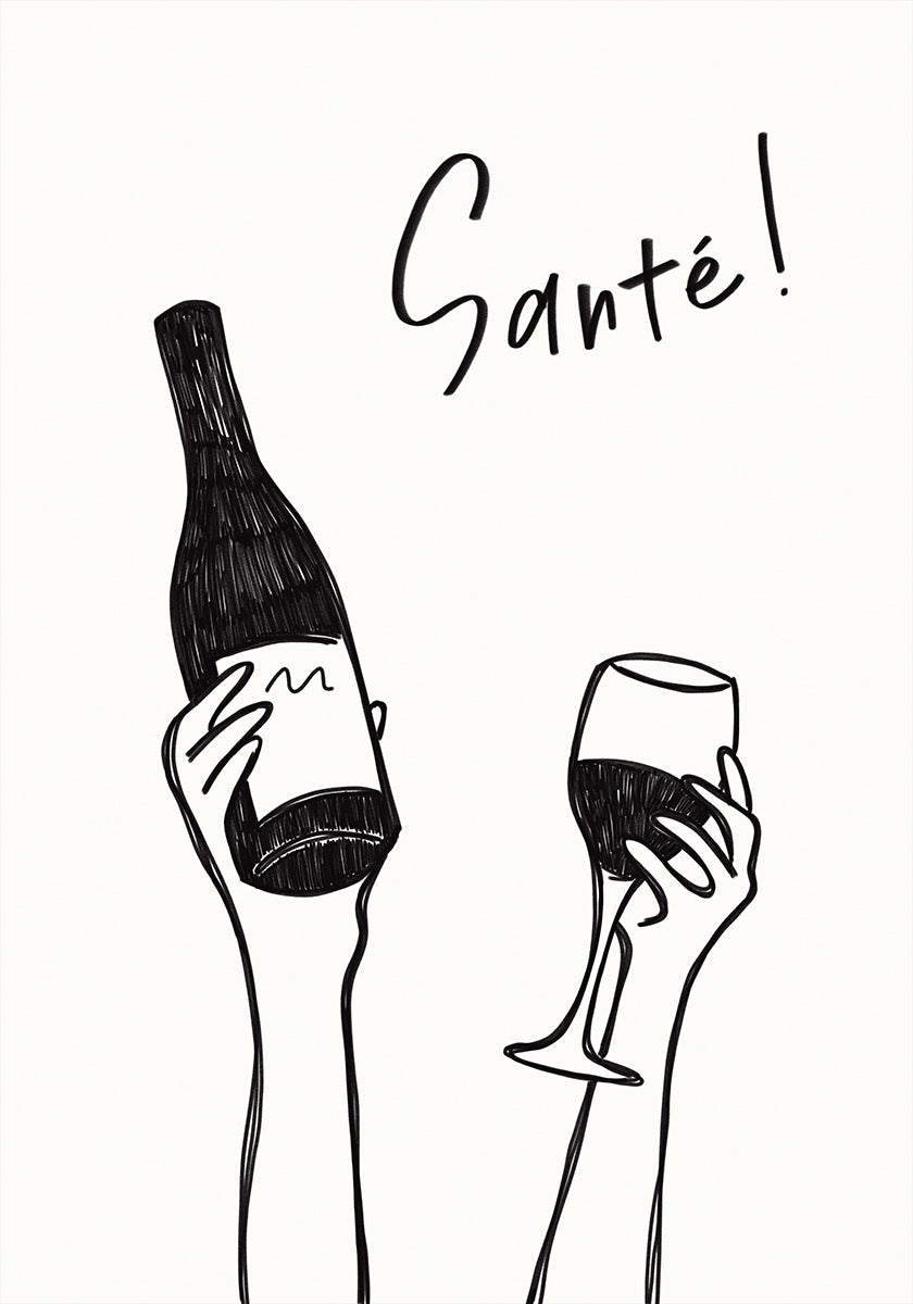 Manos sosteniendo una botella de vino y una copa de vino con el texto "¡Salud!" en francés Póster