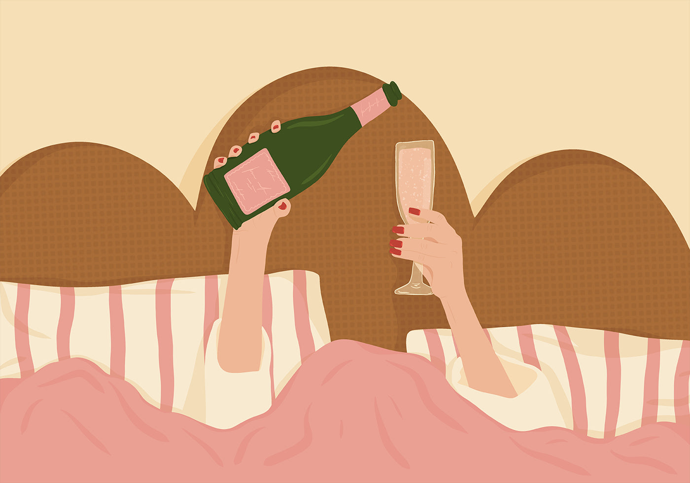 Ilustración de champán en la cama Póster
