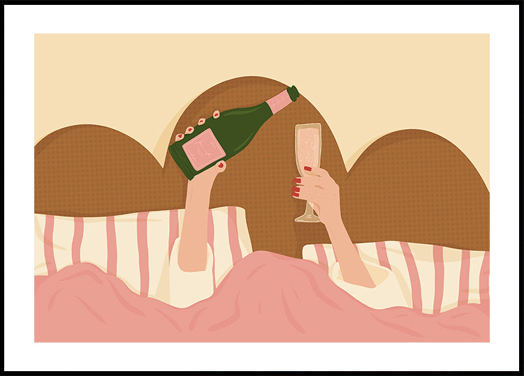 Ilustración de champán en la cama Póster