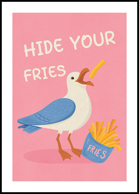 Gaviota con papas fritas Ilustración humorística Póster