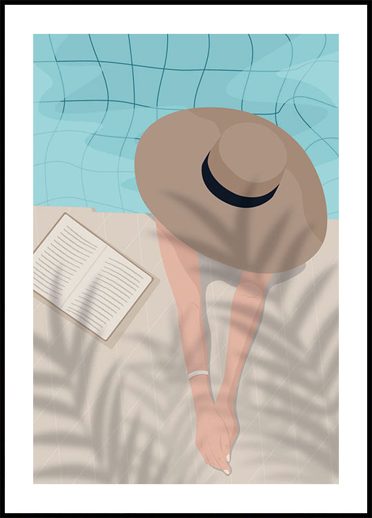 Disfruta del momento 2, verano junto a la piscina con libro y sombrero Póster