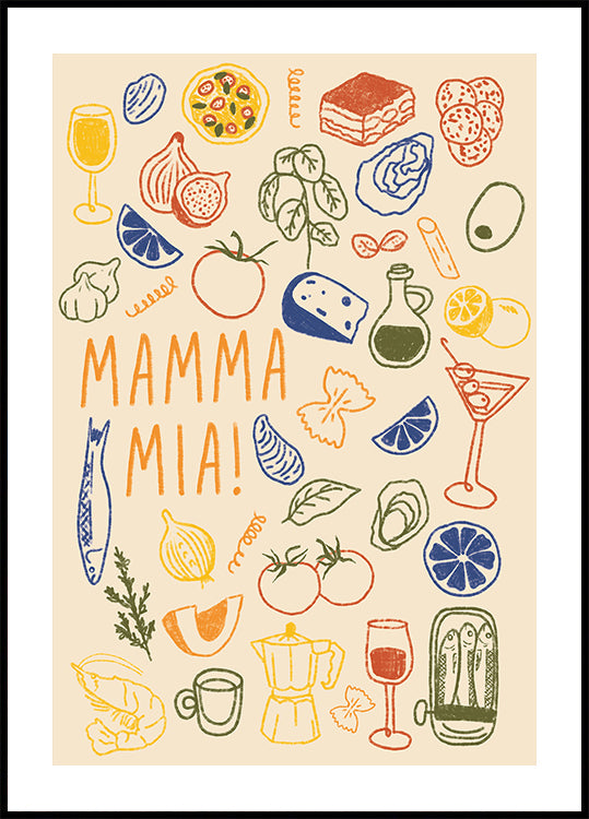 ¡Mamma Mia!, divertida cocina italiana con coloridas ilustraciones de comida Póster
