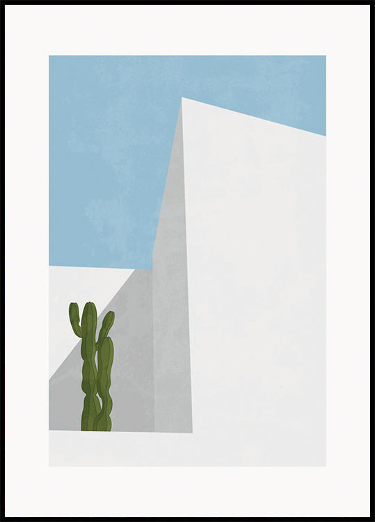 Vista mínima del desierto, cactus y geometría Póster