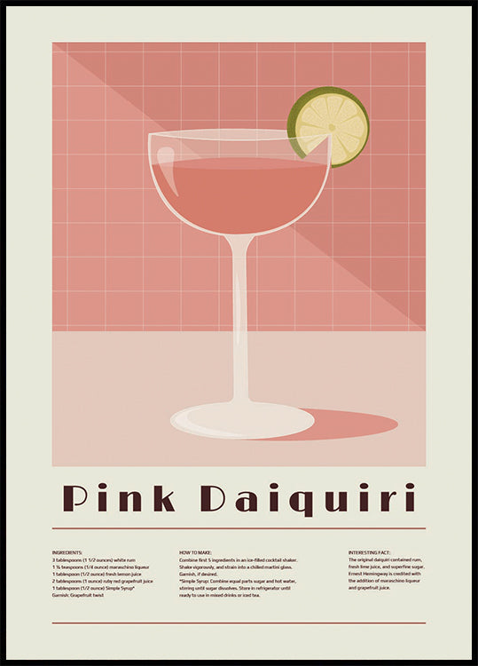 Cóctel Daiquiri Rosa, Receta Retro Póster
