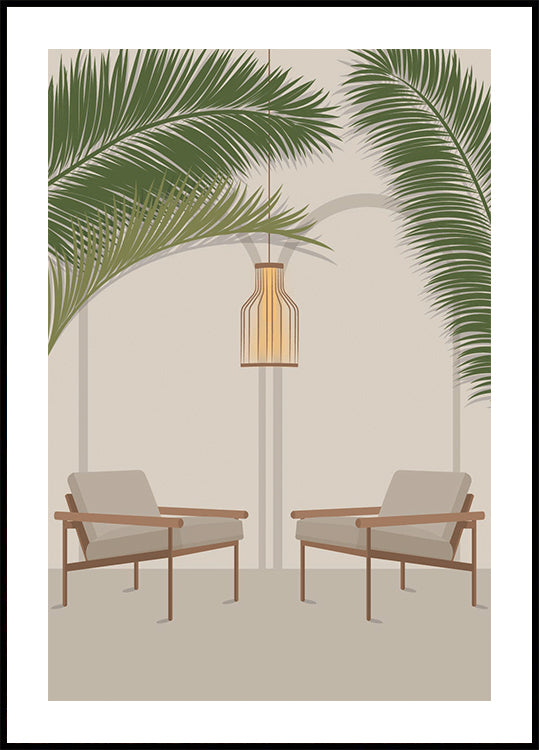 Free Your Mind 1, moderno salón tropical con hojas de palmera y sillas Póster