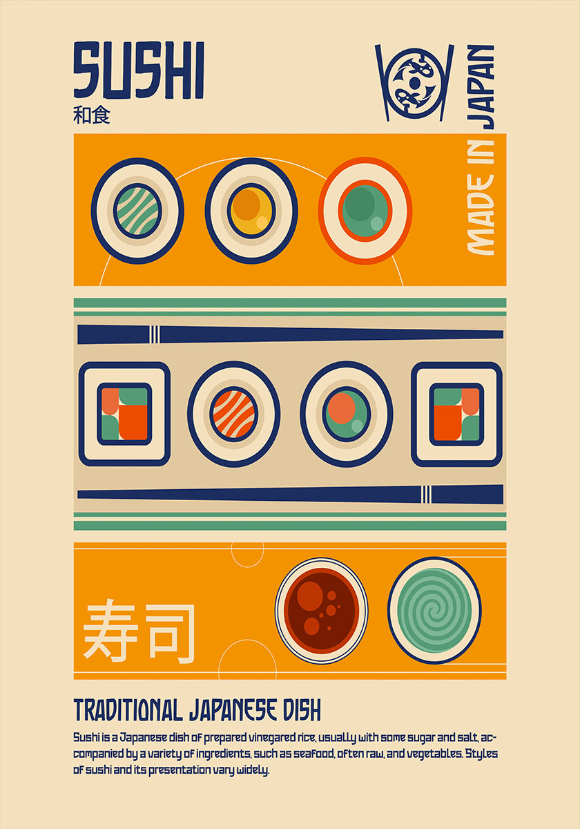 Póster Impresión de comida japonesa de sushi