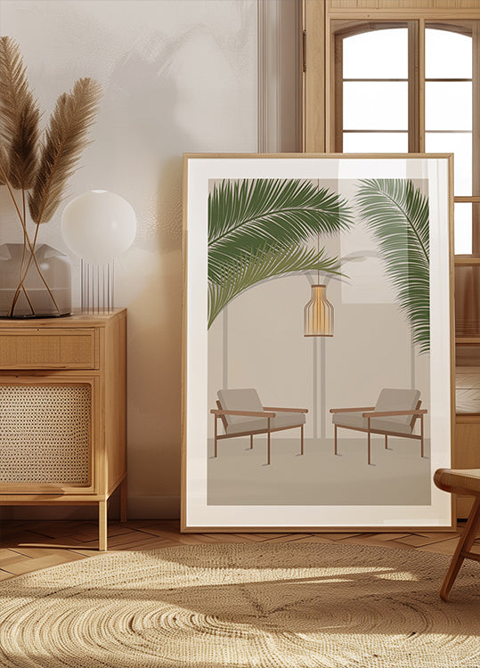 Free Your Mind 1, moderno salón tropical con hojas de palmera y sillas Póster