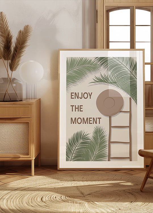 Disfruta el momento 3, cita de verano tropical con escalera y sombrero Póster