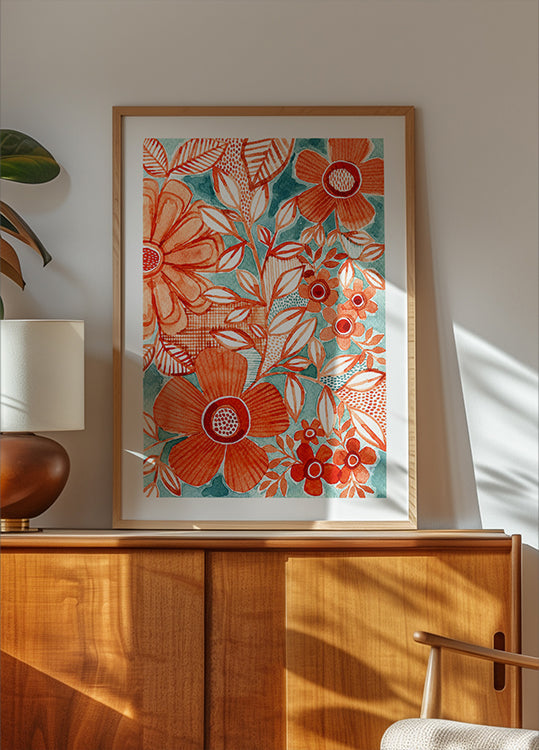 Margaritas rojas con aguamarina Póster