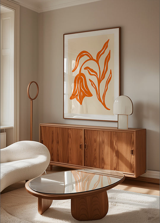 Póster Estilizado tulipán naranja y hojas