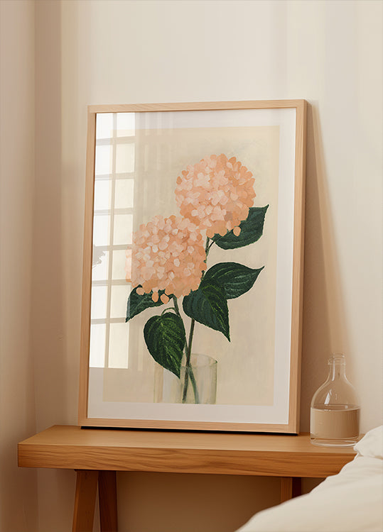 Hortensias de coral en un jarrón.