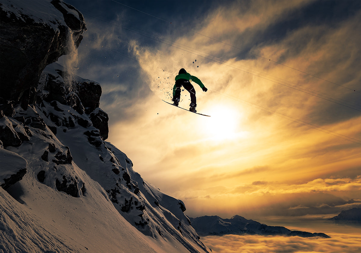 Snowboard al atardecer Póster