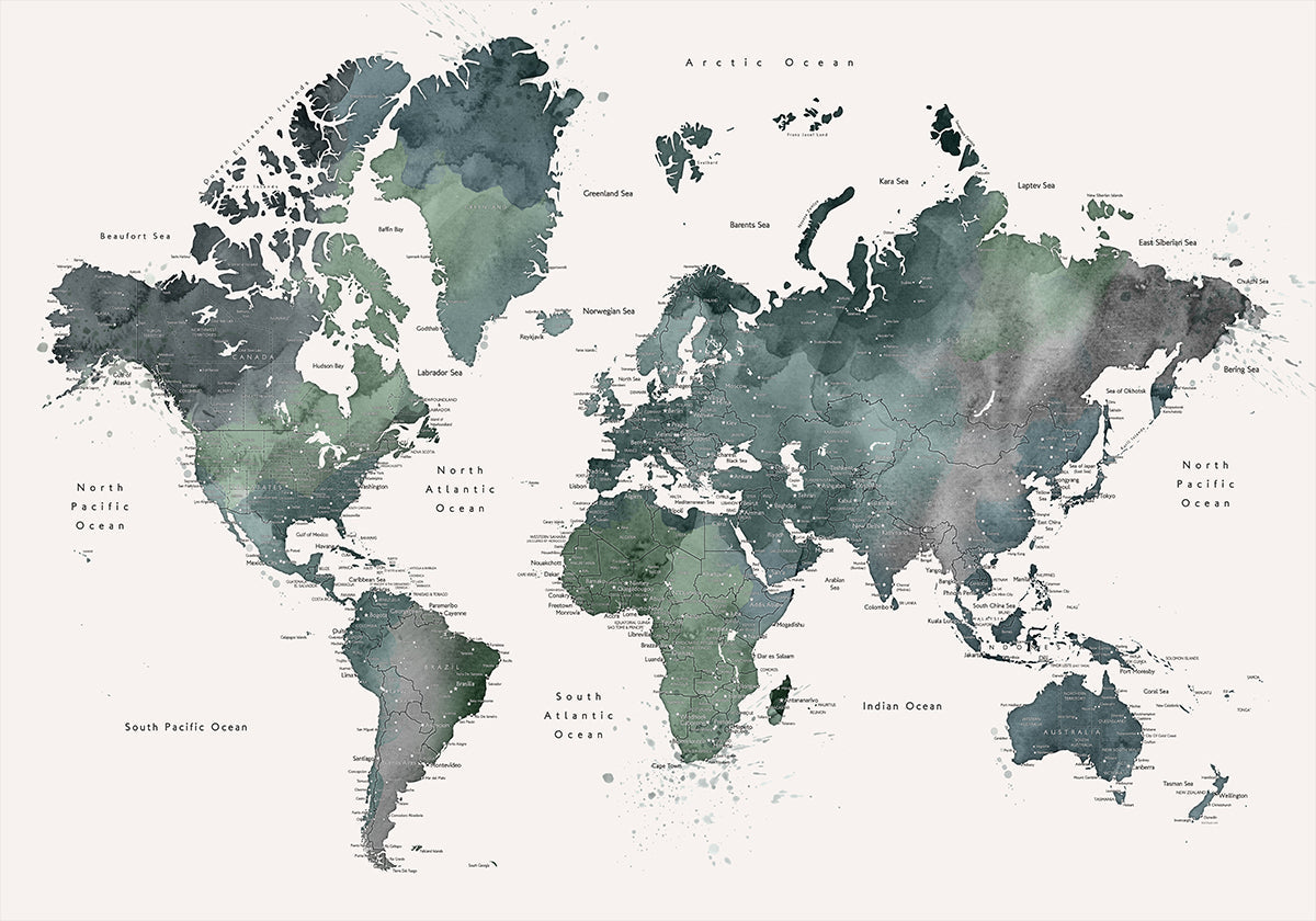 Mapa mundial en acuarela con ciudades, Makoa Póster