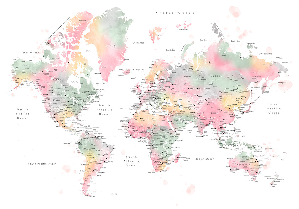 Mapa mundial en acuarela pastel con ciudades, Anjah