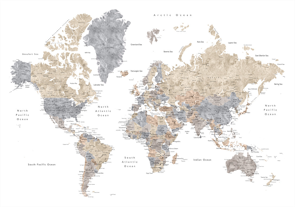 Mapa mundial en acuarela con ciudades, Gouri Póster