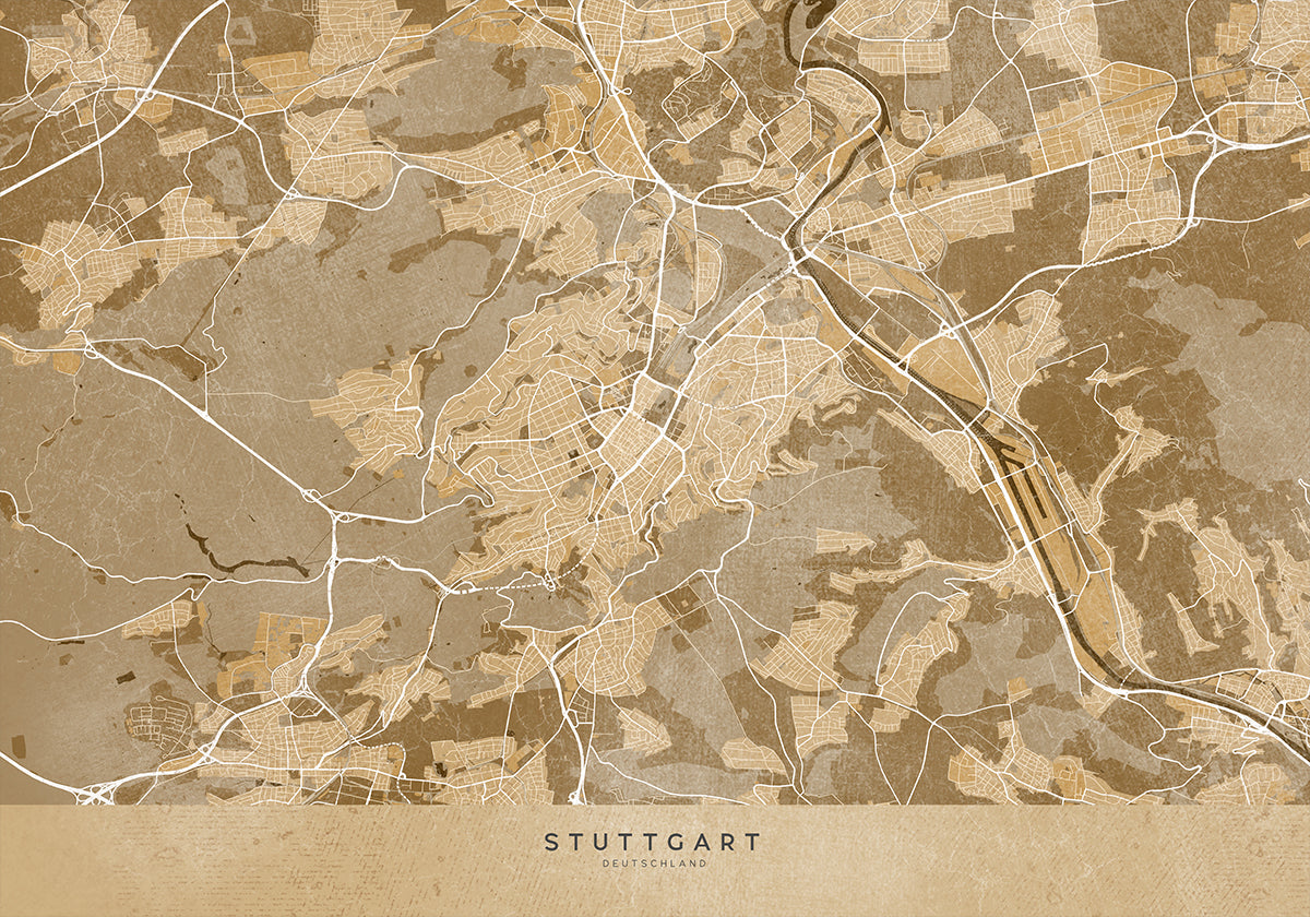Mapa vintage en sepia del centro de Stuttgart, Alemania (NUEVO)