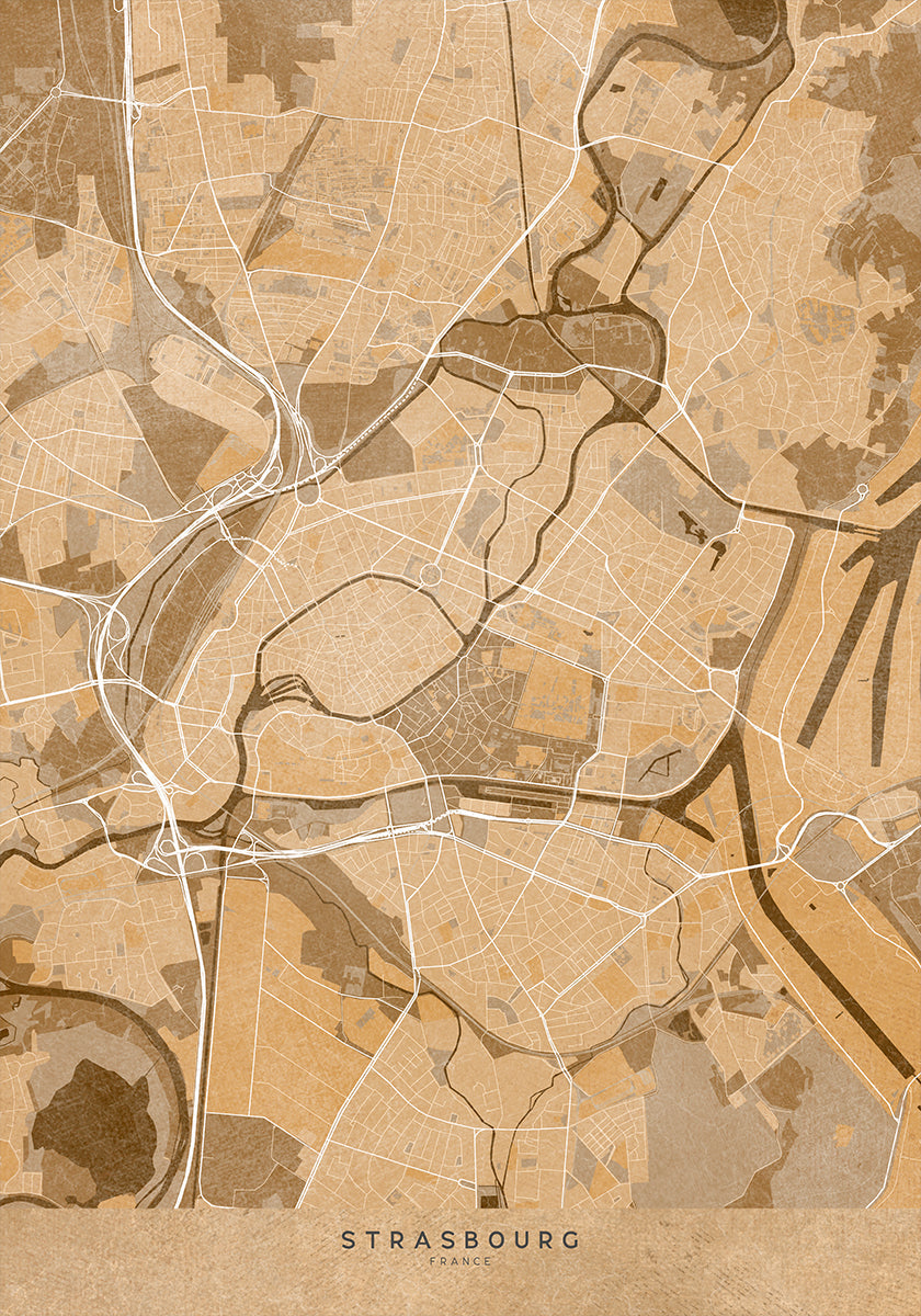 Mapa vintage sepia de Estrasburgo Francia (NUEVO)