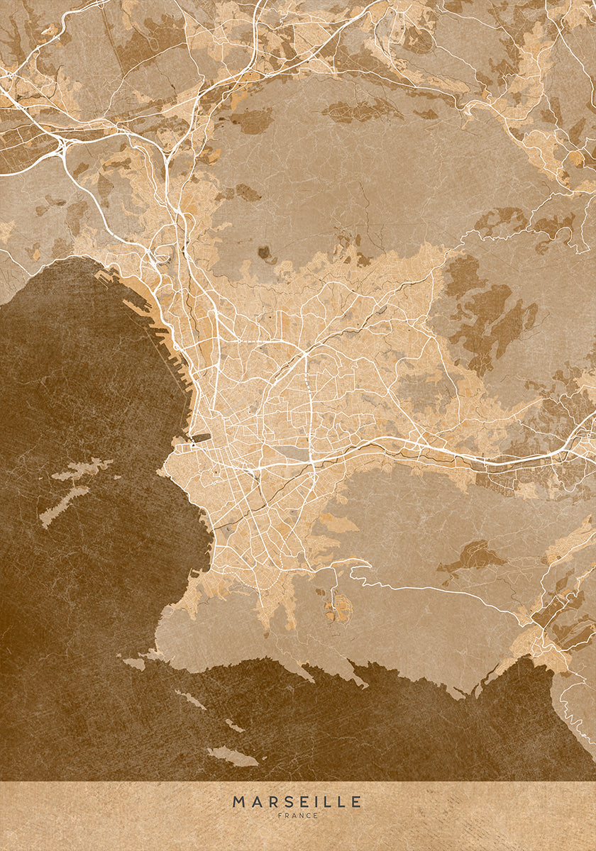 Mapa vintage en sepia de Marsella, Francia Póster