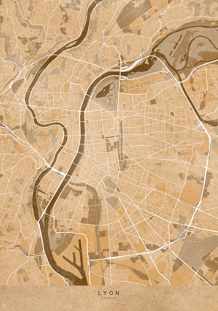 Mapa vintage sepia de Lyon Francia Póster