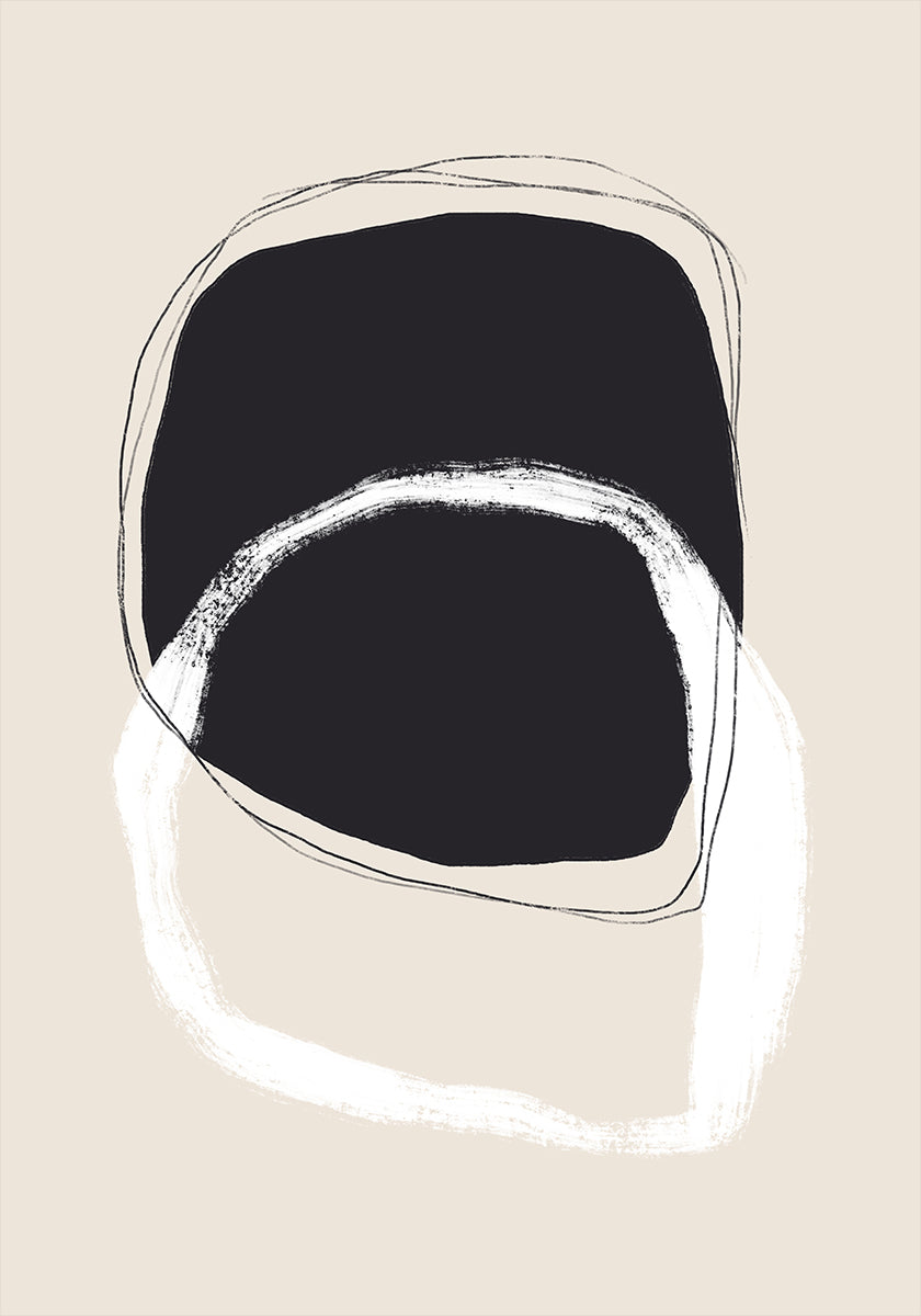 Formas en blanco y negro con líneas fluidas.