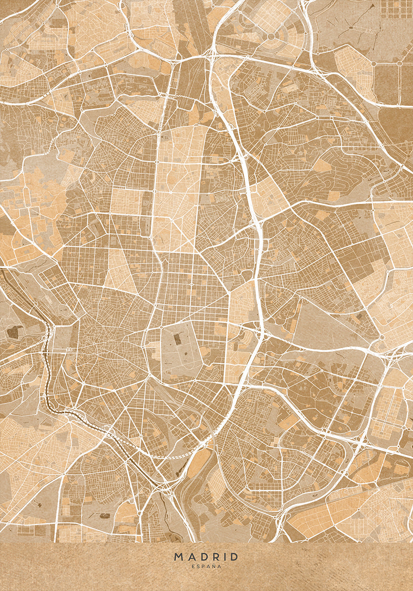 Póster Mapa de Madrid (España) en estilo vintage sepia