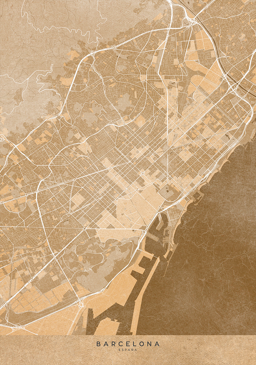 Map of Barcelona (Spain) in sepia vintage style Plakat - Posterbox