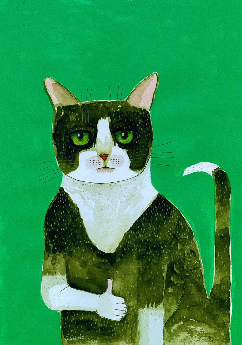 Gato de esmoquin pulgar hacia arriba