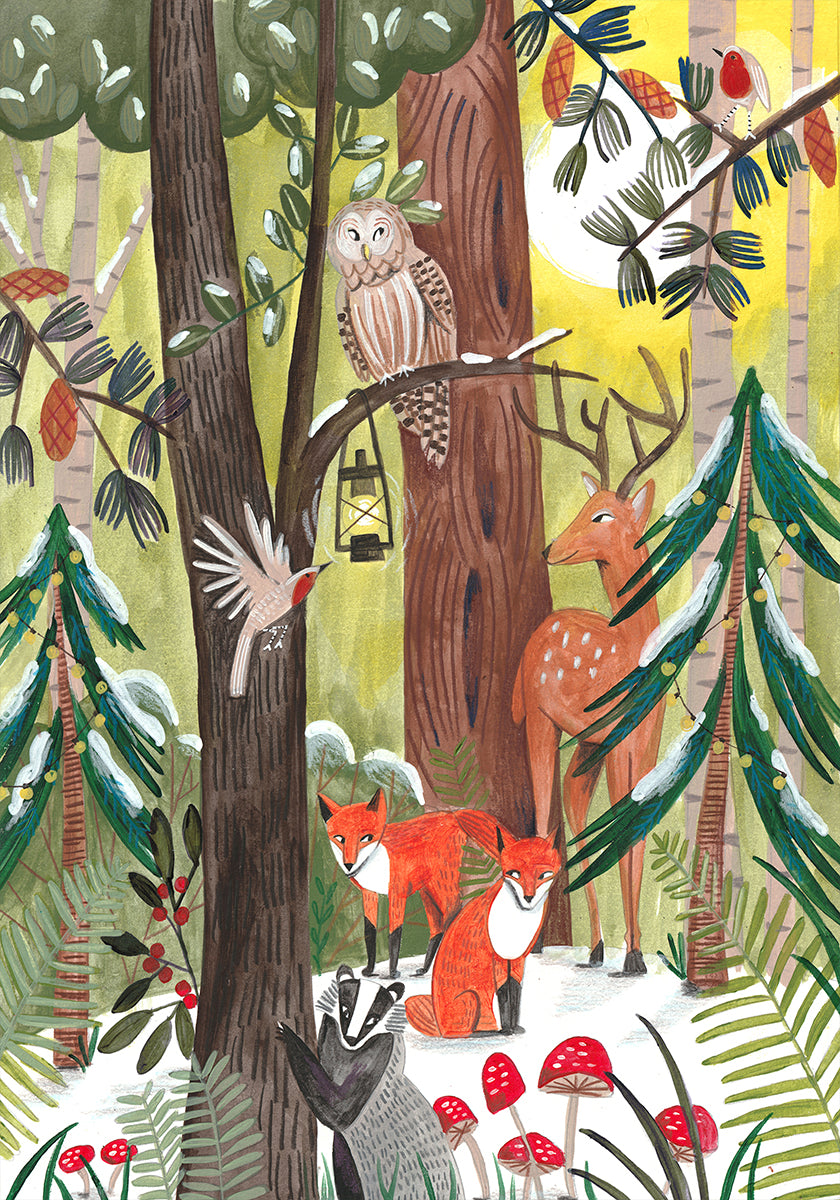 Póster Bosque verde de Navidad con animales