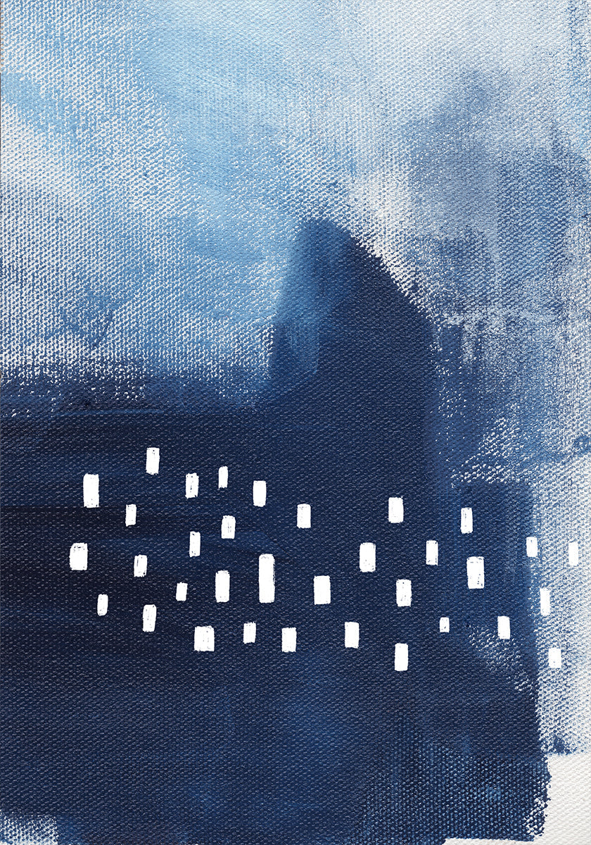Tonos azules y elementos rectangulares blancos.