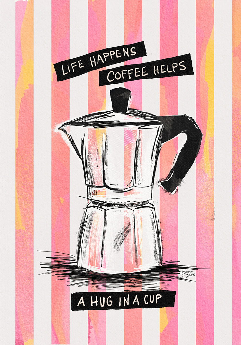 Café Mocca sobre rayas - Abrazo en una taza Póster