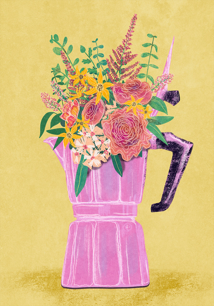 Cafetera espresso con flores