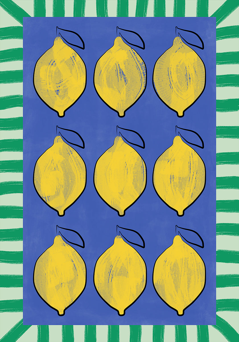 Limones amarillos vibrantes sobre un azul profundo Póster