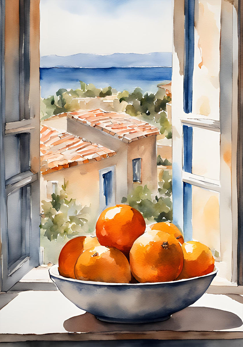 Póster Tazón de naranja en la ventana