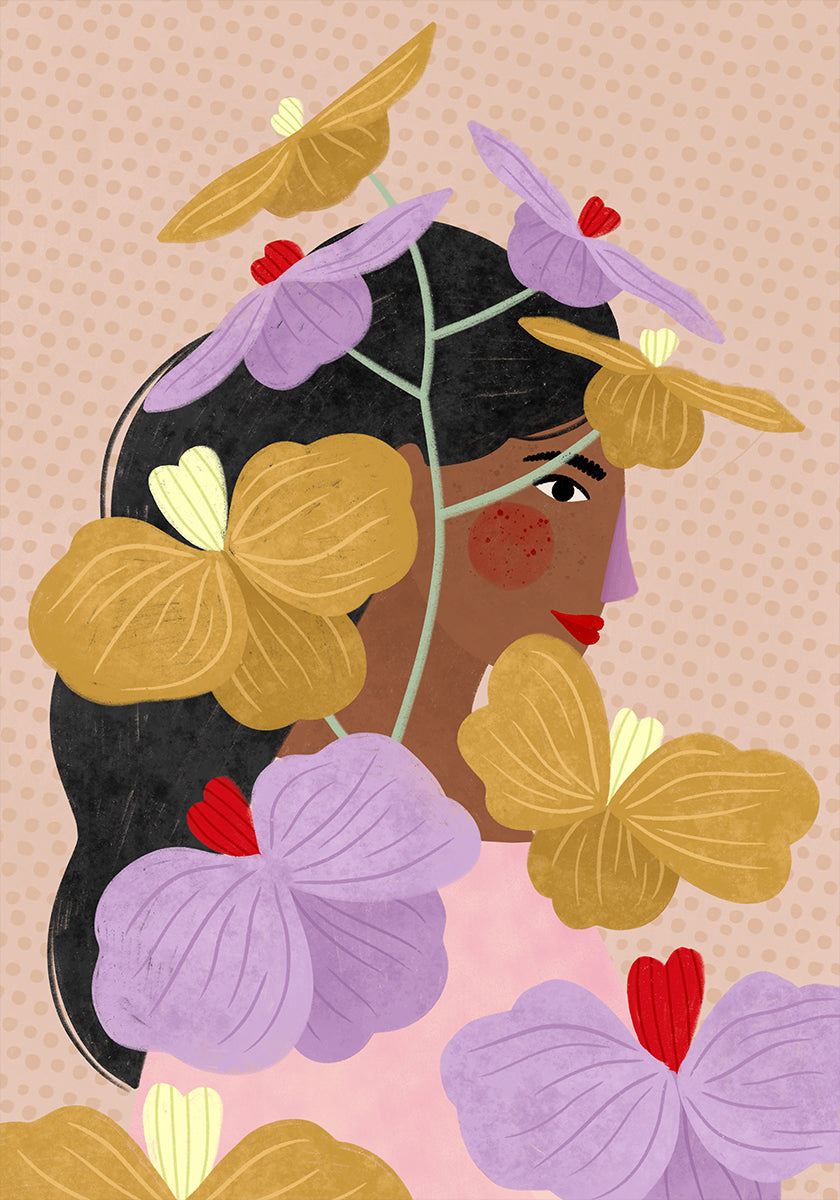 Escondido detrás de flores amarillas y moradas Póster