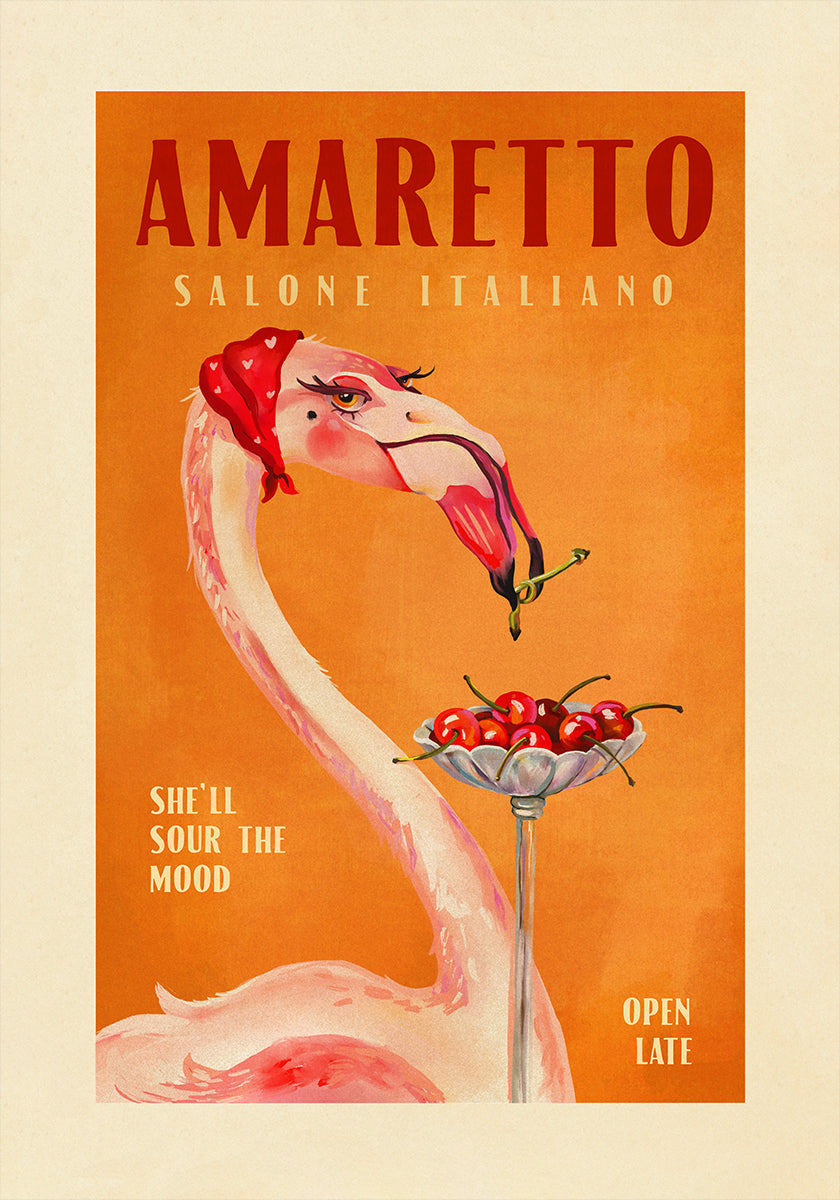 Amaretto Flamingo Art Deco Café italiano Arte de viaje Póster