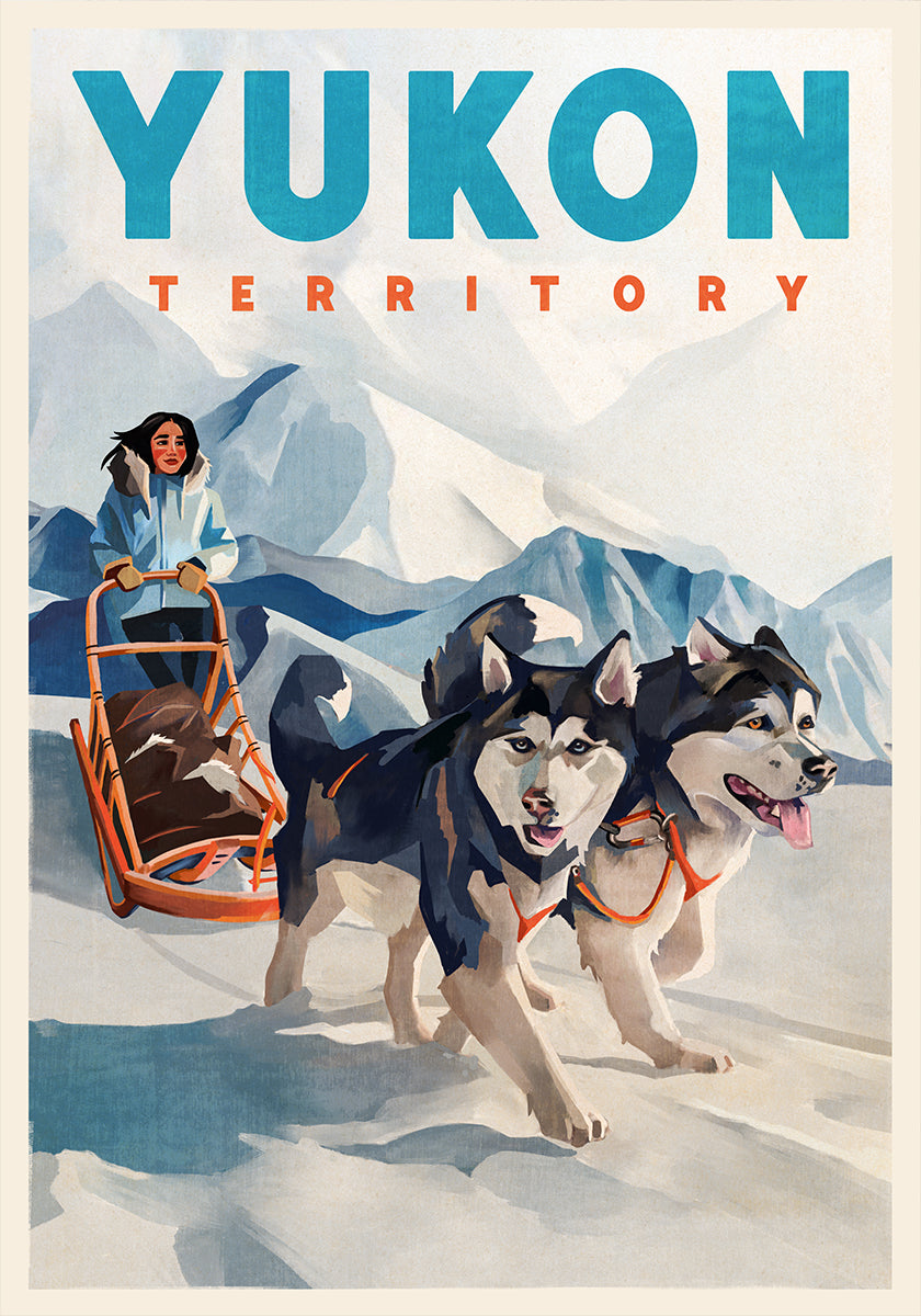 Póster de viaje en trineo tirado por perros en el territorio de Yukon