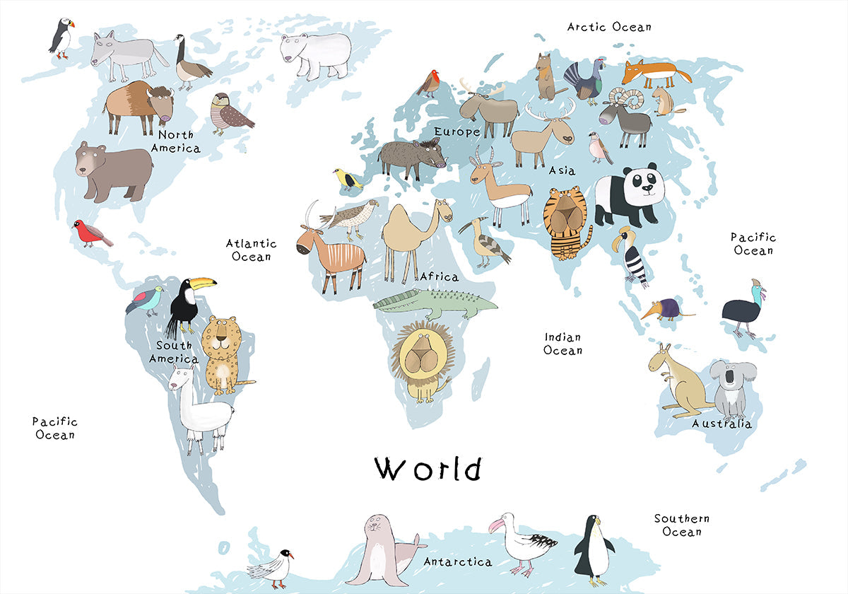 Mapa ilustrado del mundo con lindos animales Póster