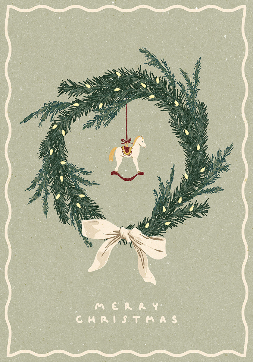 Póster Caballos de juguete en corona de Navidad con arco