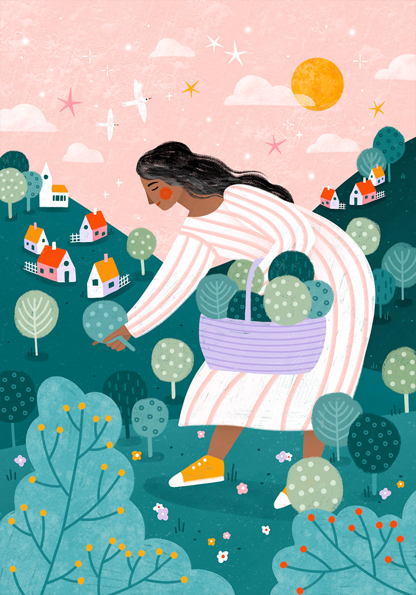Una mujer recogiendo árboles