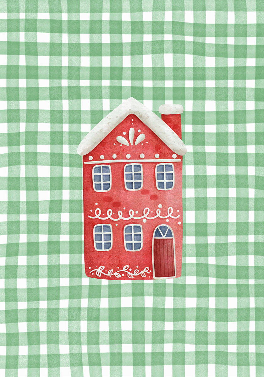 Linda casa de Navidad roja sobre cuadros verdes Póster