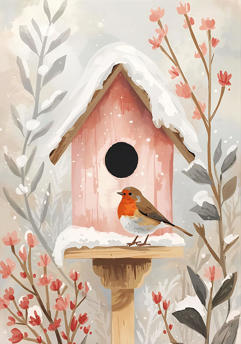 Póster Vogelhaus con Rotkehlchen y Pflanzen