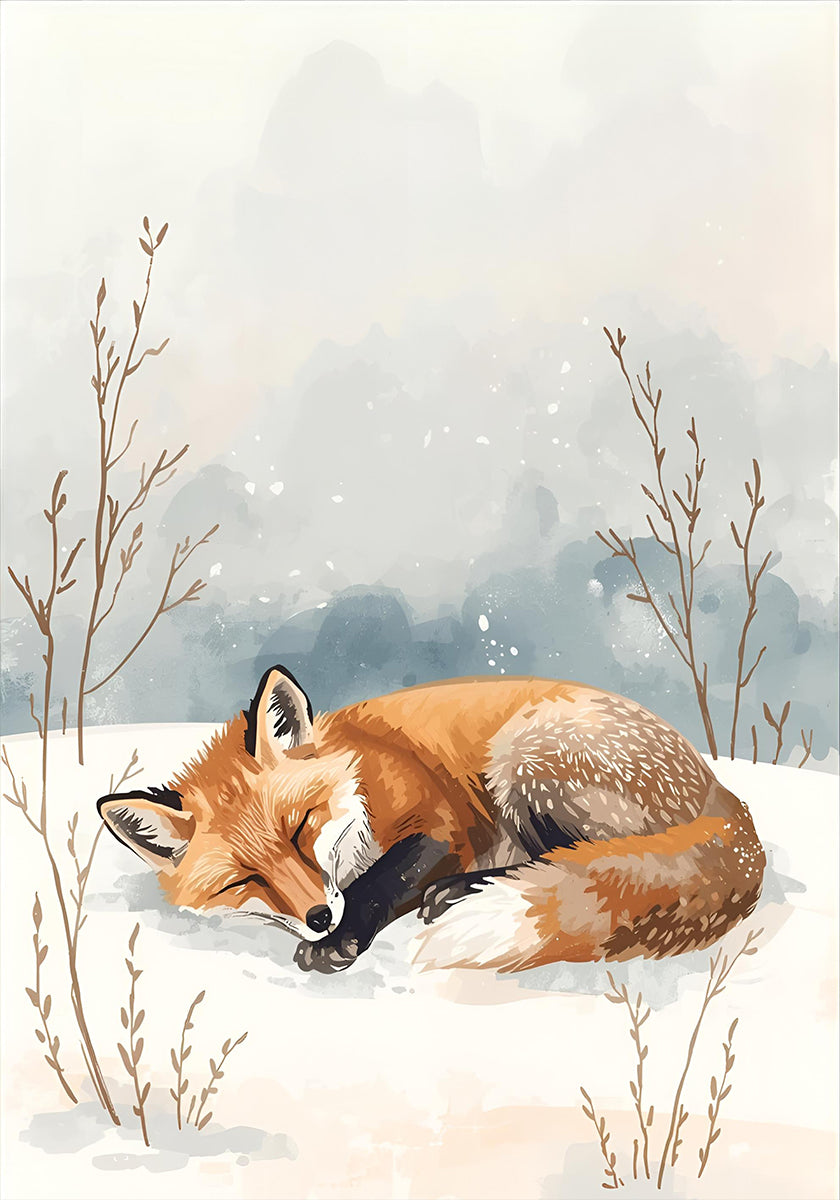 Schlafender Fuchs im Schnee Póster
