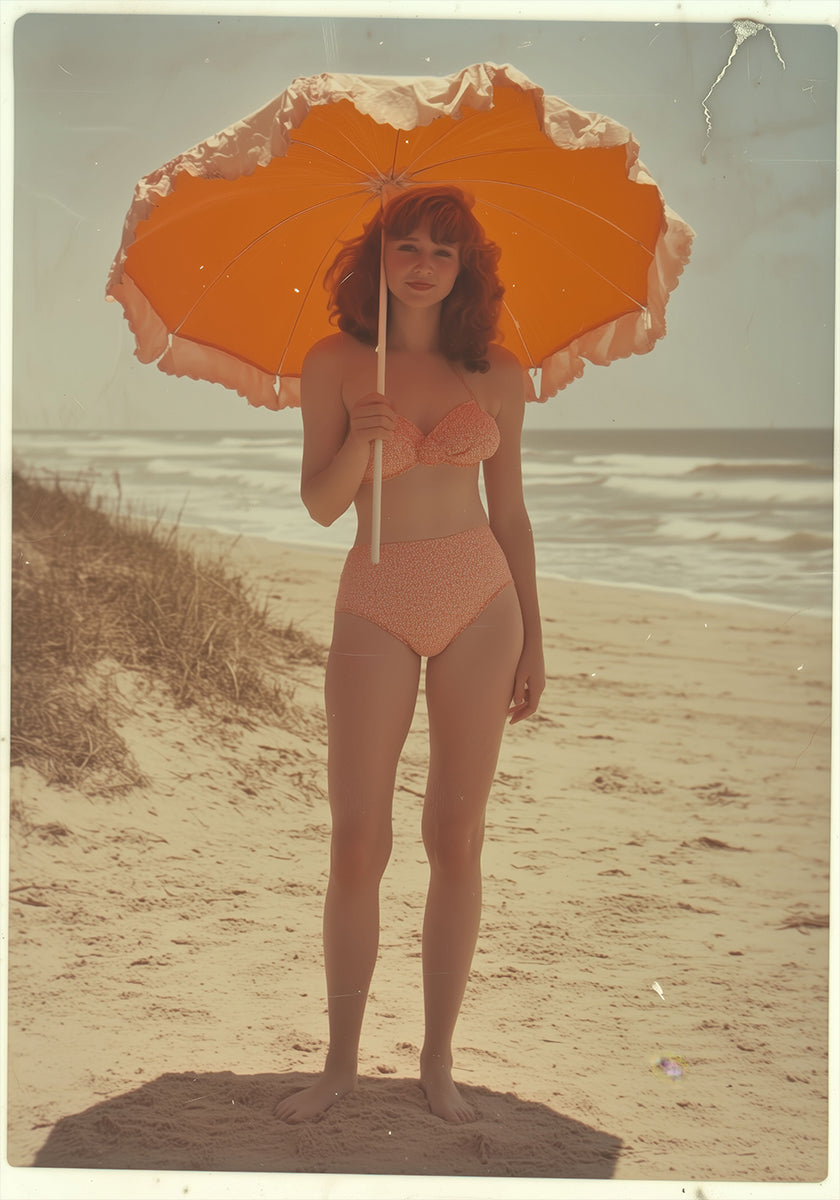 Retro Nostalgic Summer Girl Holding  Sun Umbrella (NEW) - Posterbox
