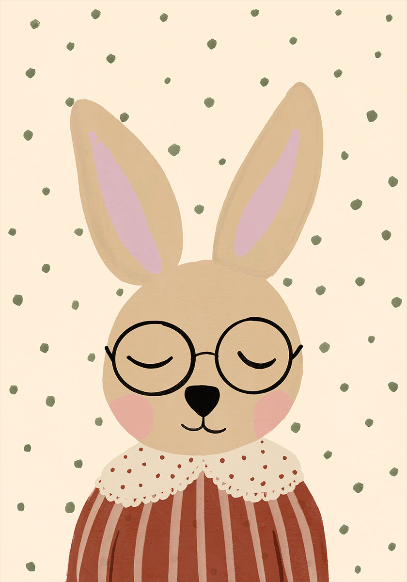 Un conejo de dibujos animados con gafas y una camisa a rayas rojas y blancas, con los ojos cerrados y que parece estar relajado o dormido.