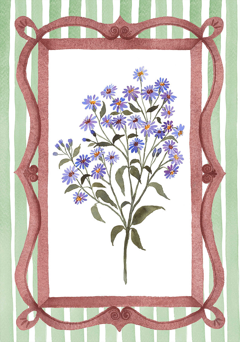 Asters in an Ornate Frame - Sage Green Stripes (NEW) - Posterbox