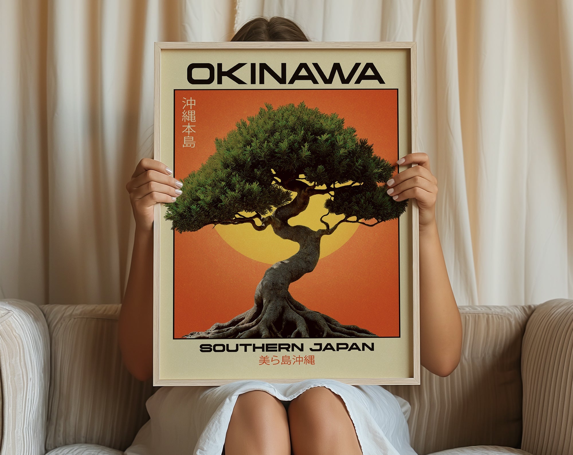Japanese Wall Art Poster, Okinawa Bonsai Tree, Orange Zen Decor, Physical Print For Living Room | Japan-Inspired Minimalist Artwork - Posterbox