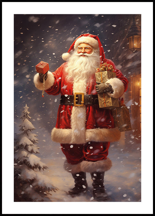 a painting of a santa clause holding a present