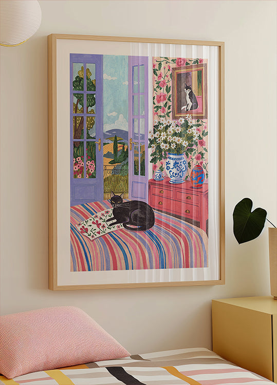 Black Cat on Bed French Doors Garden View (NEW) - Posterbox