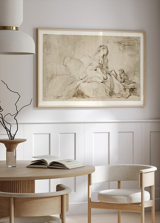 Romantic Sketch Lady and Dog Poster - Posterbox