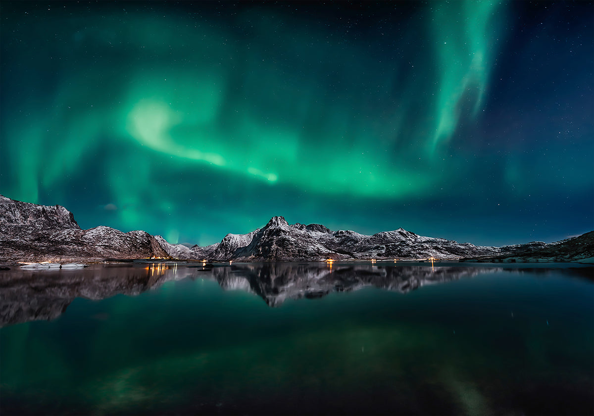 Reflexión de la aurora de Lofoten Póster